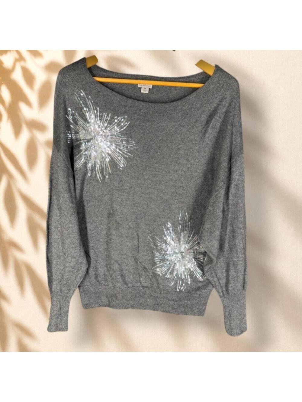 Worthington Sweater Pullover Women M Medium Gray Knit Sequin Long Sleeve Soft